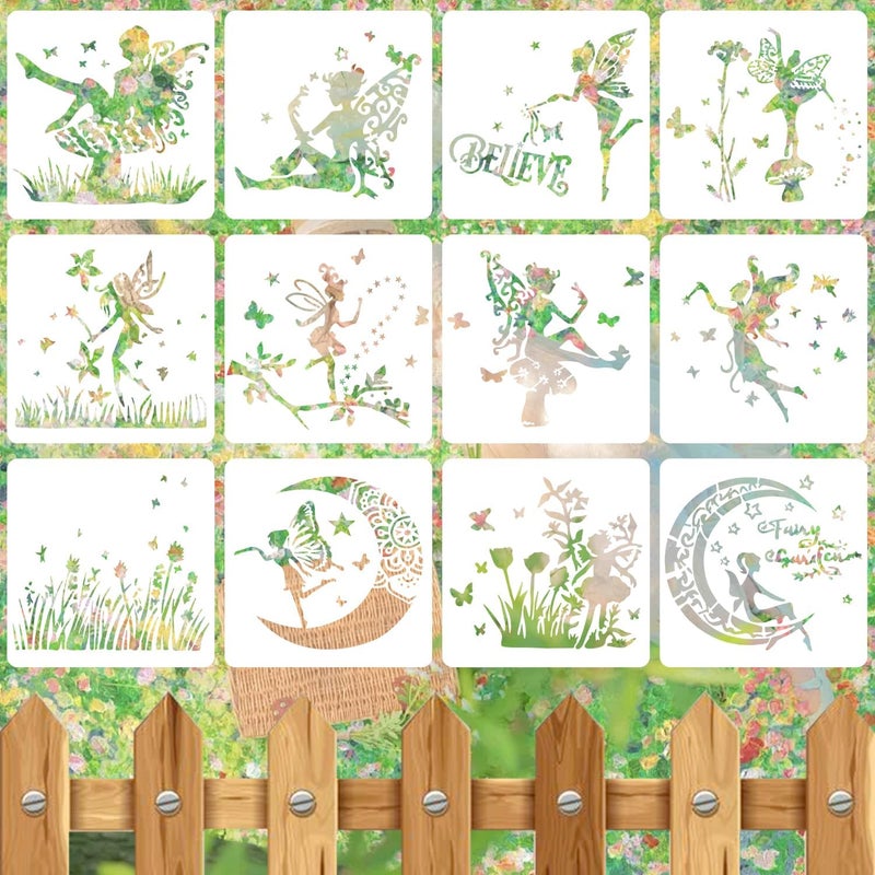 Resflyar 12 PCS Fairy Stencils Reusable Butterfly Moon Fairy Wildflower Templates for Painting on Wood Wall Glass Canvas Scrapbook DIY Craft Home Decor 4.7 x 4.7 Inch - Image 1